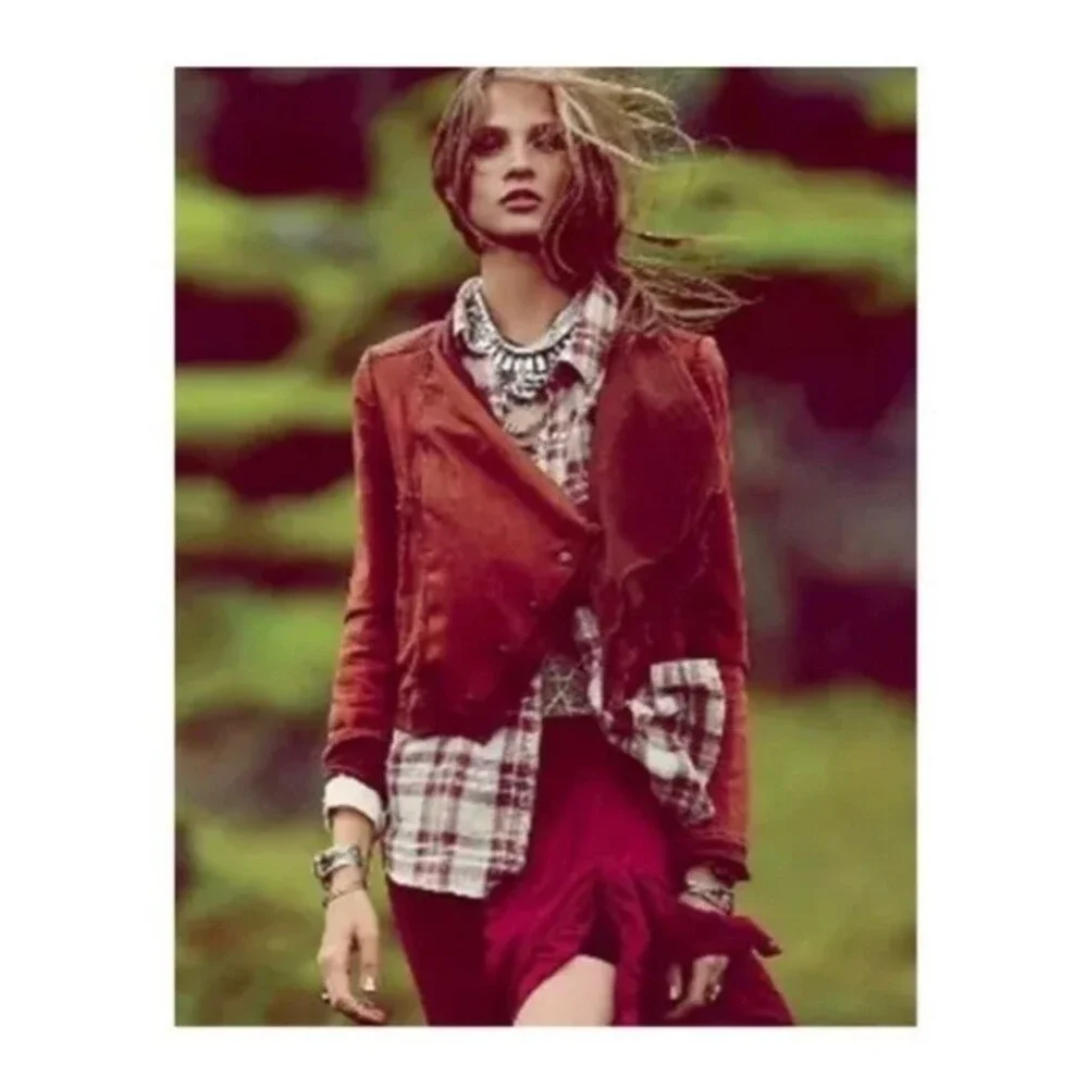 Free People Rust Orange Collapsing Twill Raw Hem Moto Jacket Boho Utility Small